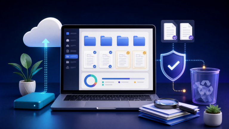 Organizing cloud files and safely cleaning up storage on a laptop