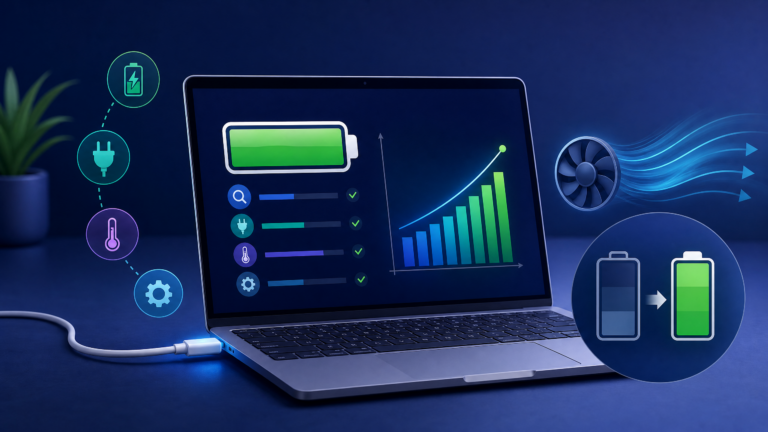 Checking laptop battery health with charging, temperature, power settings, and performance indicators