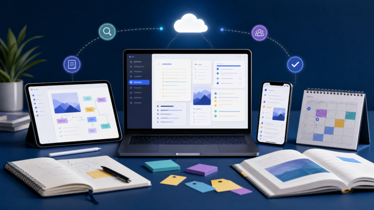 Digital note-taking tools organized across devices for study and work