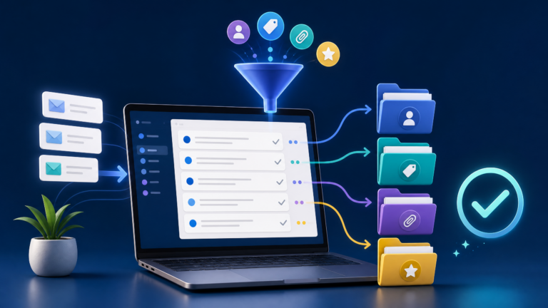 Organizing email with filters, labels, and folders on a laptop