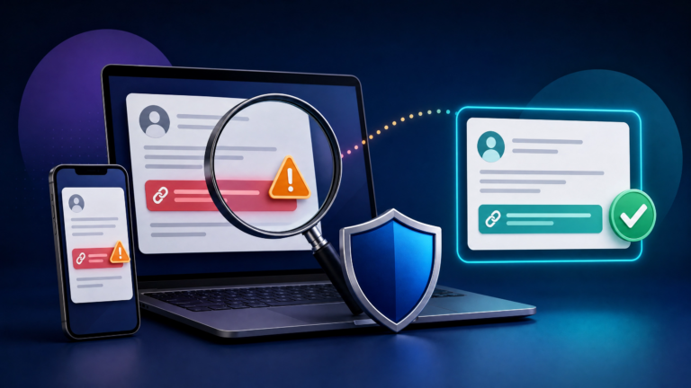 Magnifying glass checking suspicious links on a laptop and smartphone