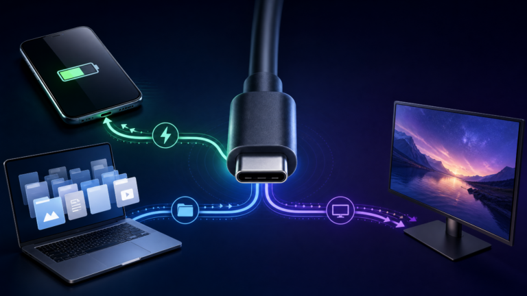 USB-C connector showing charging, data transfer, and display connections